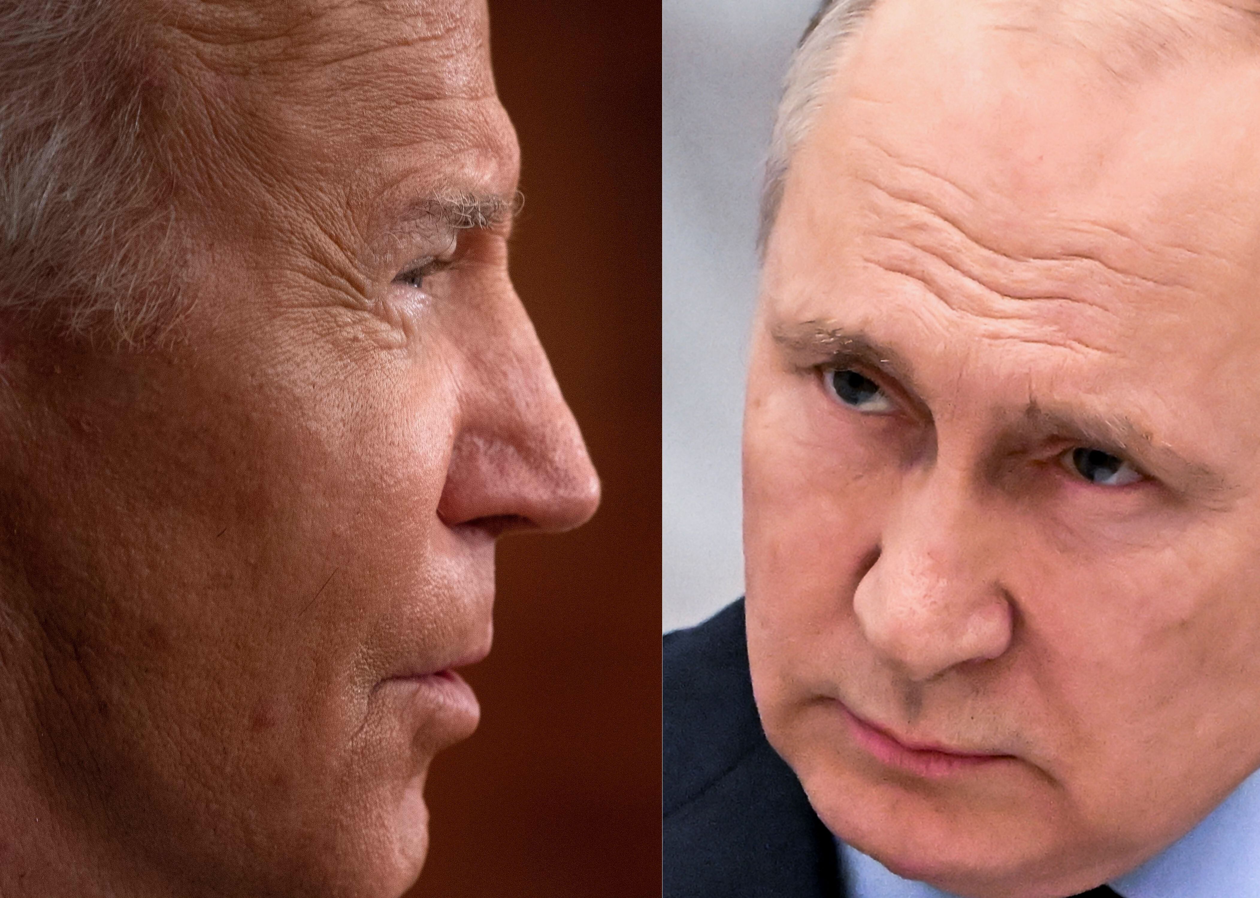 2월 22일 각각 기자회견하는 바이든 미국 대통령과 푸틴 러시아 대통령/AFP·AP 연합뉴스
