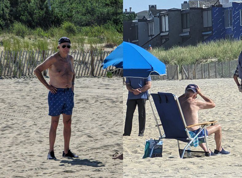 해변에서 휴가를 즐기는 조 바이든 미국 대통령의 모습. 여느 관광객들처럼 상의를 벗고 수영복을 입고 있다. /에릭 겔러 X(옛 트위터)