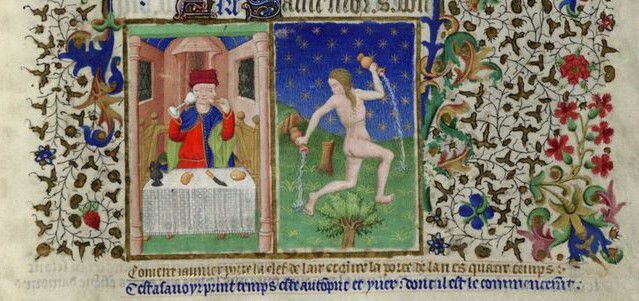 베드포드 시도서 중 1월의 노동과 물병자리, 1410~30년경, 양피지에 채색, 런던 브리티시 도서관 소장.
