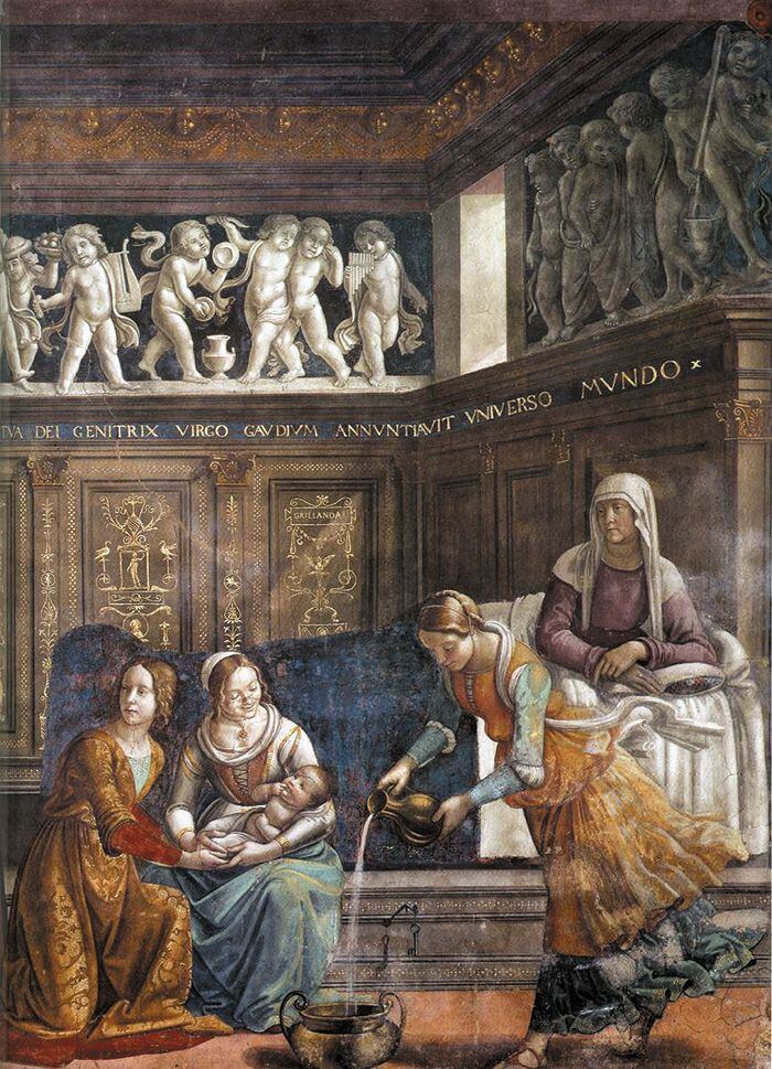 도메니코 기를란다요, 성모의 탄생, 1486~90년, 프레스코, 피렌체 산타 마리아 노벨라 성당의 토르나부오니 예배당 벽화.