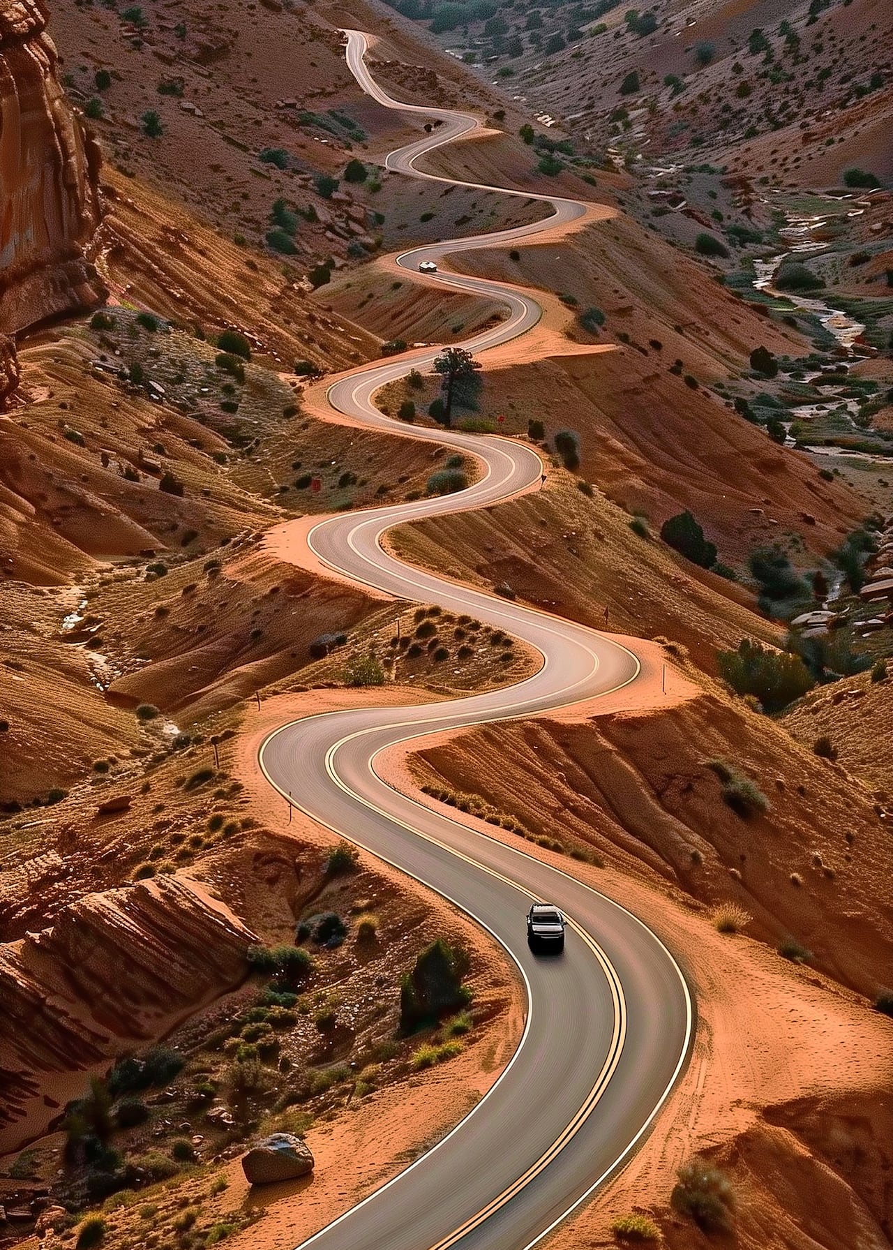 미국 유타주 사막 협곡 지형을 따라 이어지는 굽어진 도로 위로 차량 한 대가 달리고 있다. AI  생성이미지 / 사진가 오승환