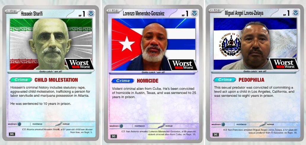 미 국토안보부가 포켓몬 카드 형식으로 공개한 체포 이민자들 신상과 전과. /X