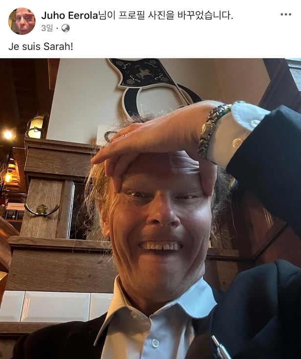 MP Juho Eerola posts photo with 'Je suis Sarah!, I am Sarah Dzafce!' and eye-slitting gesture on Facebook /Juho Eerola Facebook