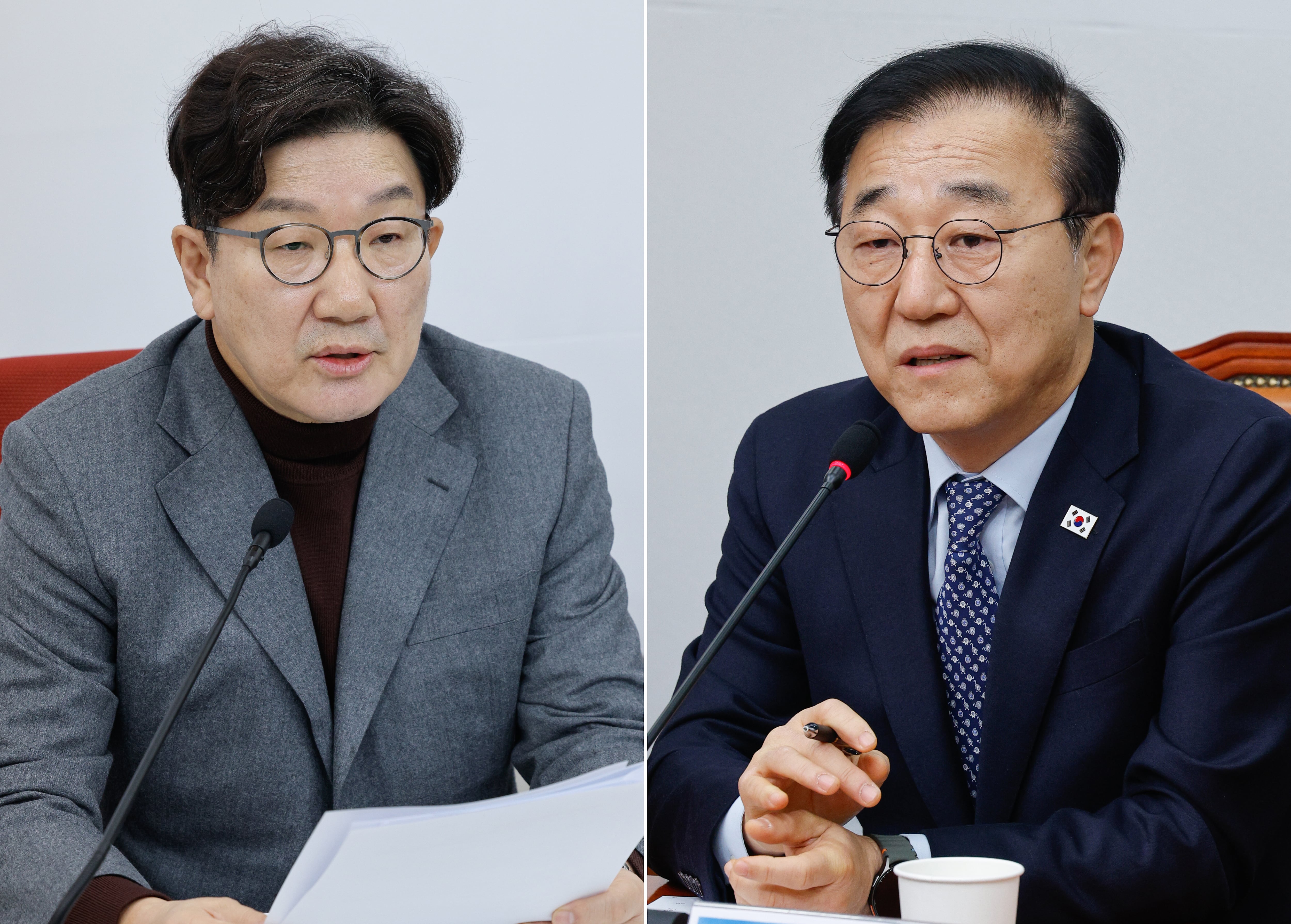 국민의힘 권성동(왼쪽) 원내대표와 더불어민주당 김윤덕 사무총장이 2일 오전 국회에서 각자 기자 간담회를 하고 있다. /뉴스1