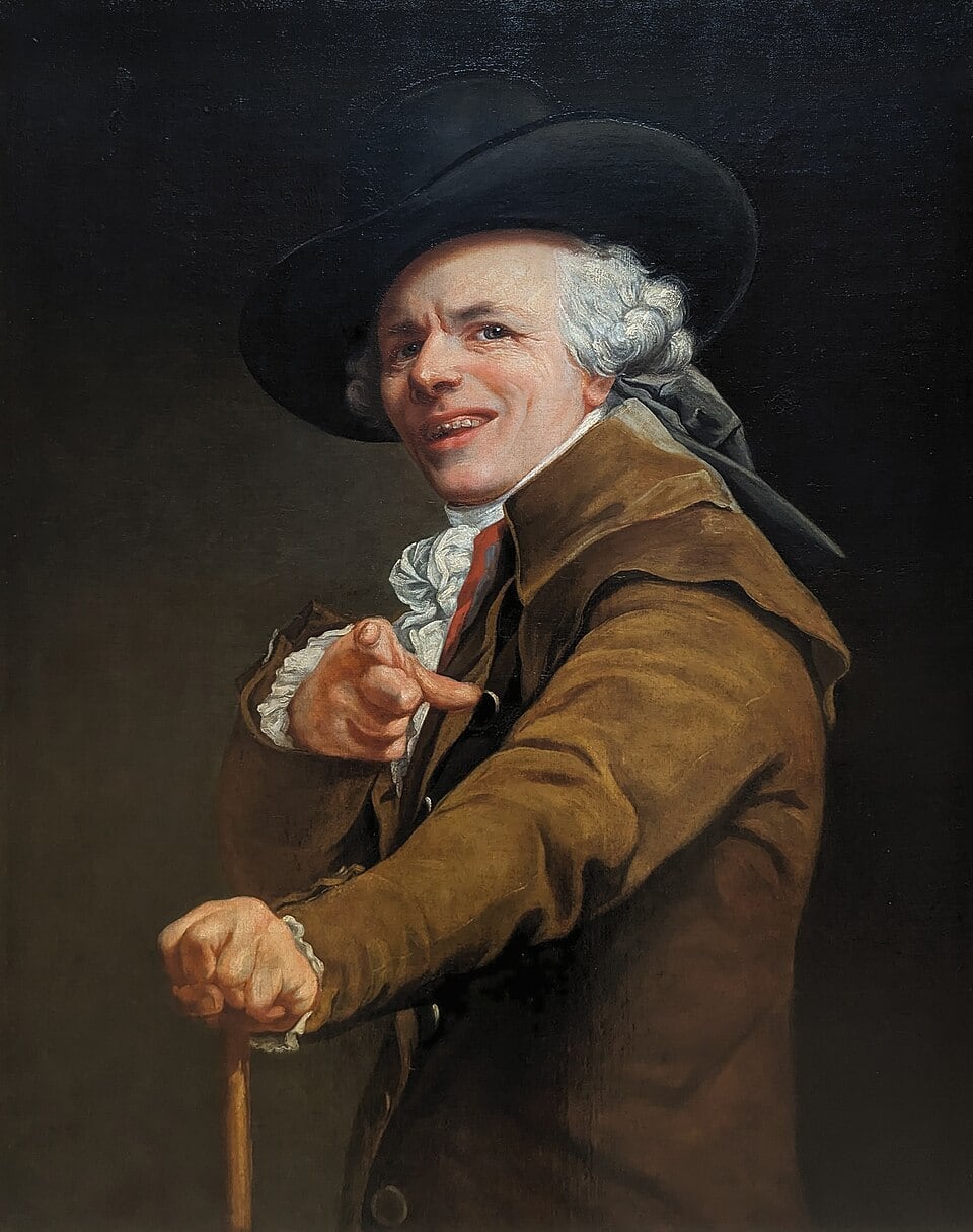 조제프 뒤크뢰, 조롱하는 모습의 자화상, 약 1793년, 캔버스에 유채, 91.5×72.5cm, 파리 루브르 박물관 소장.