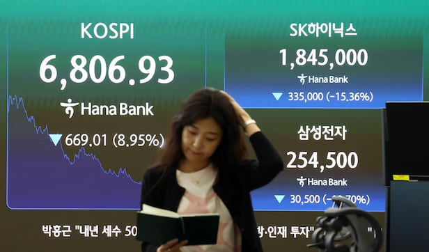 코스피가 전날 대비 669.01포인트(8.95%) 내린 6806.93으로 마감한 13일 서울 중구 하나은행 딜링룸 전광판 코스피가 표시돼 있다. 2026.07.13./뉴시스