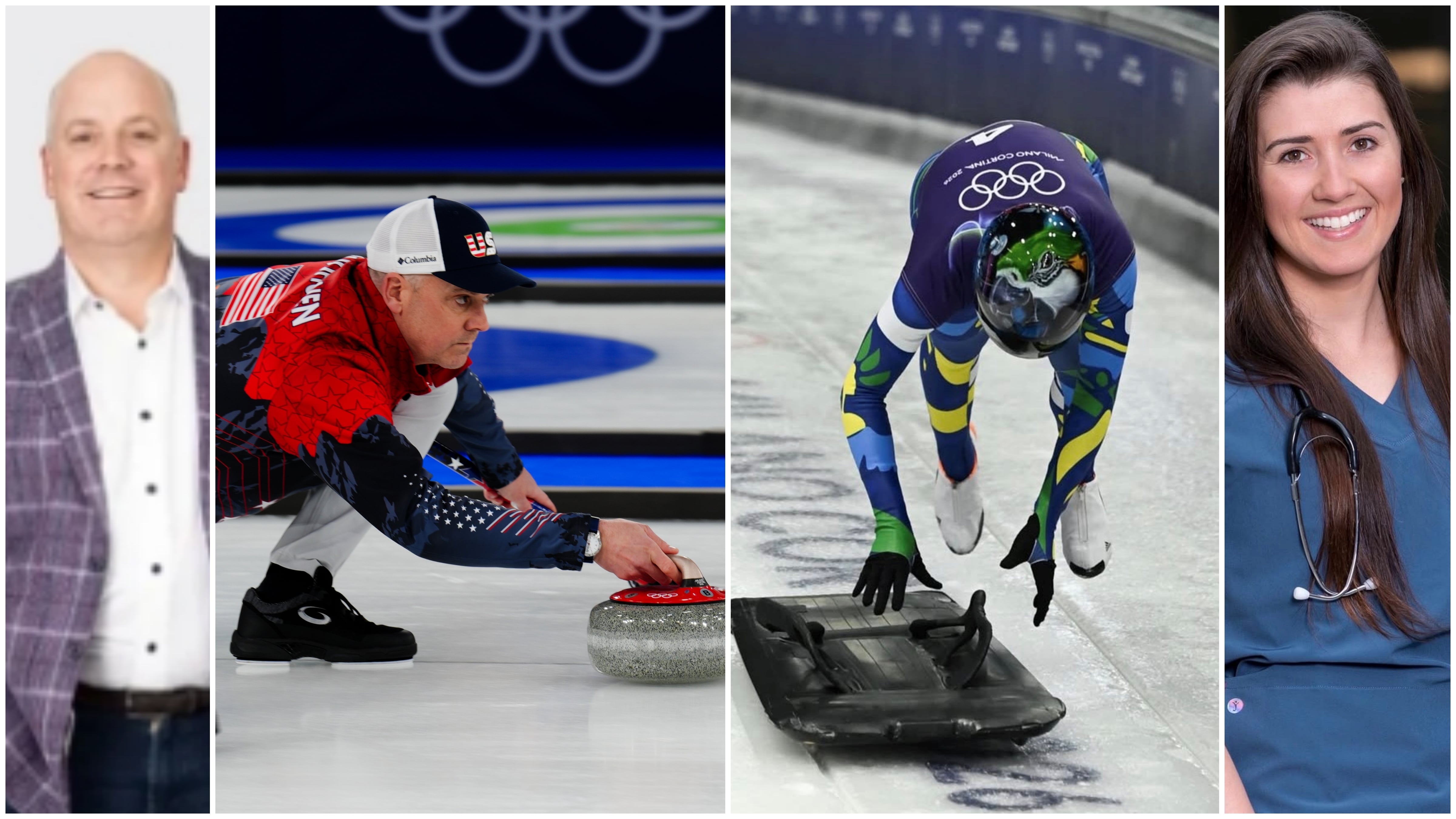 미국 컬링 남자 대표팀의 55세 베테랑 리치 루오호넨(왼쪽)이 12일 열린 밀라노 코르티나 올림픽 스위스전에서 스톤을 던질 준비를 하고 있다. 그는 왼쪽 사진처럼 평소엔 양복을 입고 상해 전문 변호사로 활동한다. 오른쪽은 브라질 스켈레톤 대표 니콜 실베이라가 이번 올림픽에서 연습 주행을 하는 모습. 그는 훈련 비용을 벌기 위해 비시즌엔 어린이 병원 간호사(맨 오른쪽)로 일한다./게티이미지코리아·인스타그램·TSR타임스