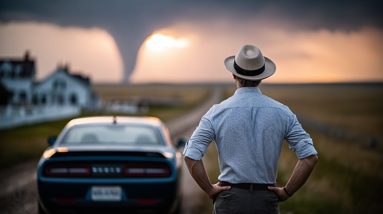 미국 미주리주의 평원 한가운데서 낮은 각도로 바라본 거대한 토네이도가 검은 하늘을 뚫고 솟구치고 있다. AI 생성 이미지. / 사진가 오승환