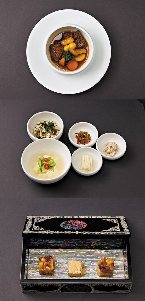 APEC 만찬 메뉴. 위에서부터 메인 요리로 나온 완도산 전복과 조랭이떡을 곁들인 경주 한우 갈비찜, 식사로 제공된 경주 곤달비나물 비빔밥과 경주콩 순두부탕에 백김치·콩잎나물·연근들깨볶음 반찬, 후식으로는 구운 잣 파이와 된장 캐러멜, 전통 인절미 디저트가 나왔다. /대통령실