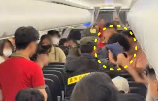 A man presumed to be Korean is dragged out by public security officers on an aircraft departing from Ho Chi Minh City, Vietnam. /Facebook
