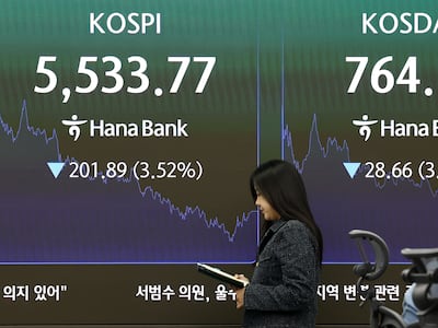 22일 오후 서울 중구 하나은행 본점 딜링룸 전광판에 증시 종가가 표시되어 있다. 이날 코스피는 전 거래일 대비 201.89 포인트(3.52%) 하락한 5533.77, 코스닥은 28.66 포인트(3.62%) 내린 764.10에 마감했다. 2026.10.22 ⓒ 뉴스1 최지환 기자