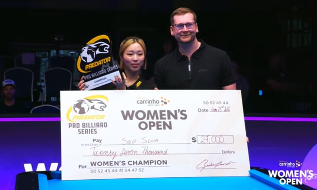 '세계 10위' 포켓볼 스타 서서아, 1~3위 연파하며 까리뇨 女10볼오픈 정상 등극