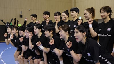 9일 충북 진천선수촌에서 열린 2026 아이치-나고야 아시아경기대회 핸드볼 여자 국가대표 미디어데이에서 선수들이 기념촬영을 하고 있다. 2026.9.9 ⓒ 뉴스1 김민지 기자