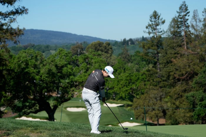 Hyo Joo Kim, of South Korea, hits toward the 10th fairway during the first round of the LPGA Fortinet Founders Cup golf tournament, Thursday, March 19, 2026, in Menlo Park, Calif. (AP Photo/Jeff Chiu)<저작권자(c) 연합뉴스, 무단 전재-재배포, AI 학습 및 활용 금지>