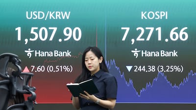 코스피가 3%대 하락 마감하고 원·달러 환율이 1500원을 돌파한 19일 오후 서울 중구 하나은행 본점 딜링룸 전광판에 코스피 종가, 원·달러 환율이 표시되고 있다. 2026.5.19 ⓒ 뉴스1 임지훈 인턴기자