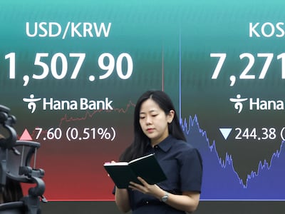 코스피가 3%대 하락 마감하고 원·달러 환율이 1500원을 돌파한 19일 오후 서울 중구 하나은행 본점 딜링룸 전광판에 코스피 종가, 원·달러 환율이 표시되고 있다. 2026.5.19 ⓒ 뉴스1 임지훈 인턴기자