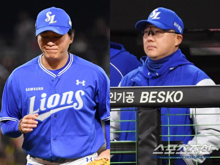8일 광주 기아챔피언스필드에서 열린 KIA와 삼성의 경기. 삼성 이승현과 박진만 감독이 생각에 잠겨 있다. 광주=박재만 기자 pjm@sportschosun.com/2026.04.08/