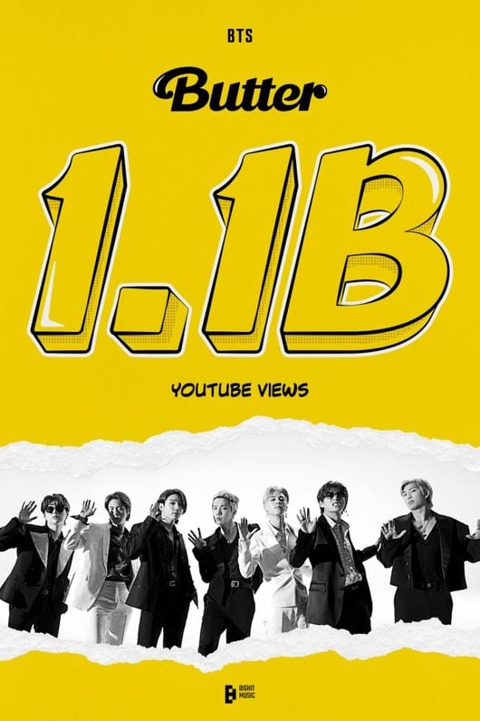 방탄소년단, '버터' MV 11억 뷰 돌파..팀 통산 7번째 기록 썼다