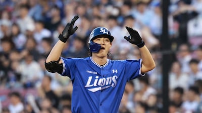 24일 오후 서울 송파구 잠실야구장에서 열린 프로야구 '2026 신한은행 SOL KBO리그' 삼성 라이온즈와 두산 베어스의 경기, 3회초 2사 만루 삼성 구자욱이 2타점 적시타를 친 뒤 세리머니하고 있다. 2026.7.24 ⓒ 뉴스1 구윤성 기자