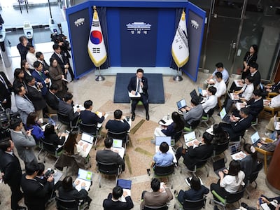 이재명 대통령이 19일 청와대 춘추관을 찾아 취재진과 간담회를 하고 있다. (청와대통신사진기자단) 2026.10.19 ⓒ 뉴스1 이재명 기자