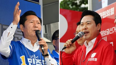정청래 위원장이 전남 담양시장에서, 장동혁 위원장이 인천 연수 옥련시장에서 유세를 하는 모습. photo 뉴시스
