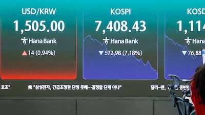 코스피가 사상 처음으로 8000을 돌파했다가 7500선 이하로 급락한 15일 오후 서울 중구 하나은행 본점 딜링룸에서 딜러들이 업무를 보고 있다. 달러·원 환율은 한 달여 만에 1500원을 돌파했다. 2026.5.15 ⓒ 뉴스1 안은나 기자