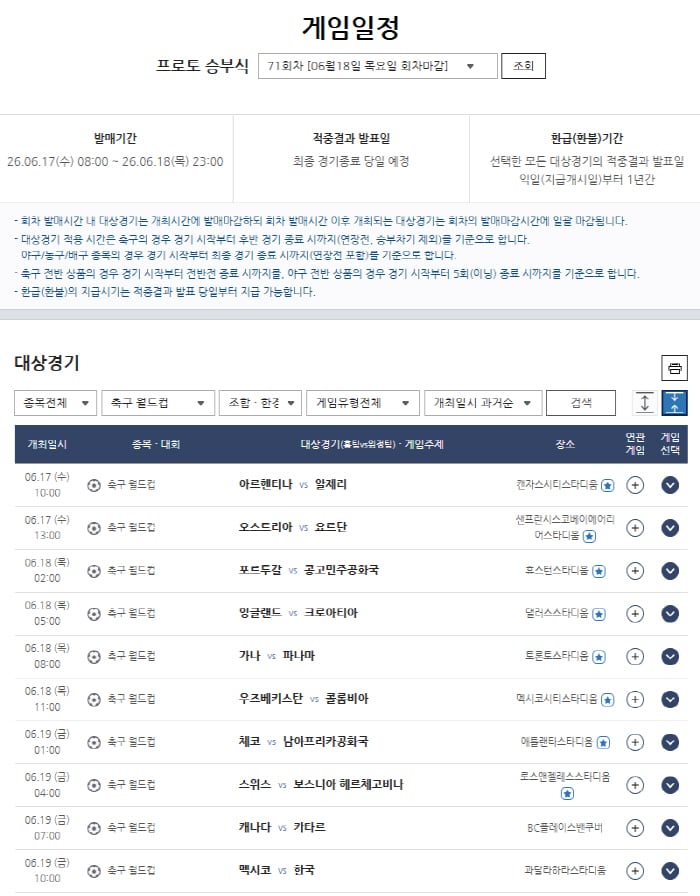 스포츠토토, 19일 오전 10시 월드컵 조별리그 멕시코-한국전..'다양한 토토 게임과 함께 즐기세요'