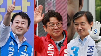 김용남 더불어민주당 경기평택을 국회의원 재선거 후보, 유의동 국민의힘 경기평택을 국회의원 재선거 후보, 조국 조국혁신당 경기평택을 국회의원 재선거 후보가 21일 경기도 평택시 안중시장 인근 및 KTX 경기남부역사 예정 부지 앞에서 각각 공식선거운동 출정식을 갖고 있다. 2026.5.21 ⓒ 뉴스1 임세영 기자