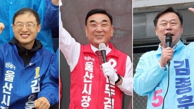 6·3 지방선거 울산시장 후보들이 지난 21일 각각 출정식을 열고 지지를 호소하고 있다. 왼쪽부터 더불어민주당 김상욱, 국민의힘 김두겸, 진보당 김종훈, 무소속 박맹우 후보. photo 연합뉴스