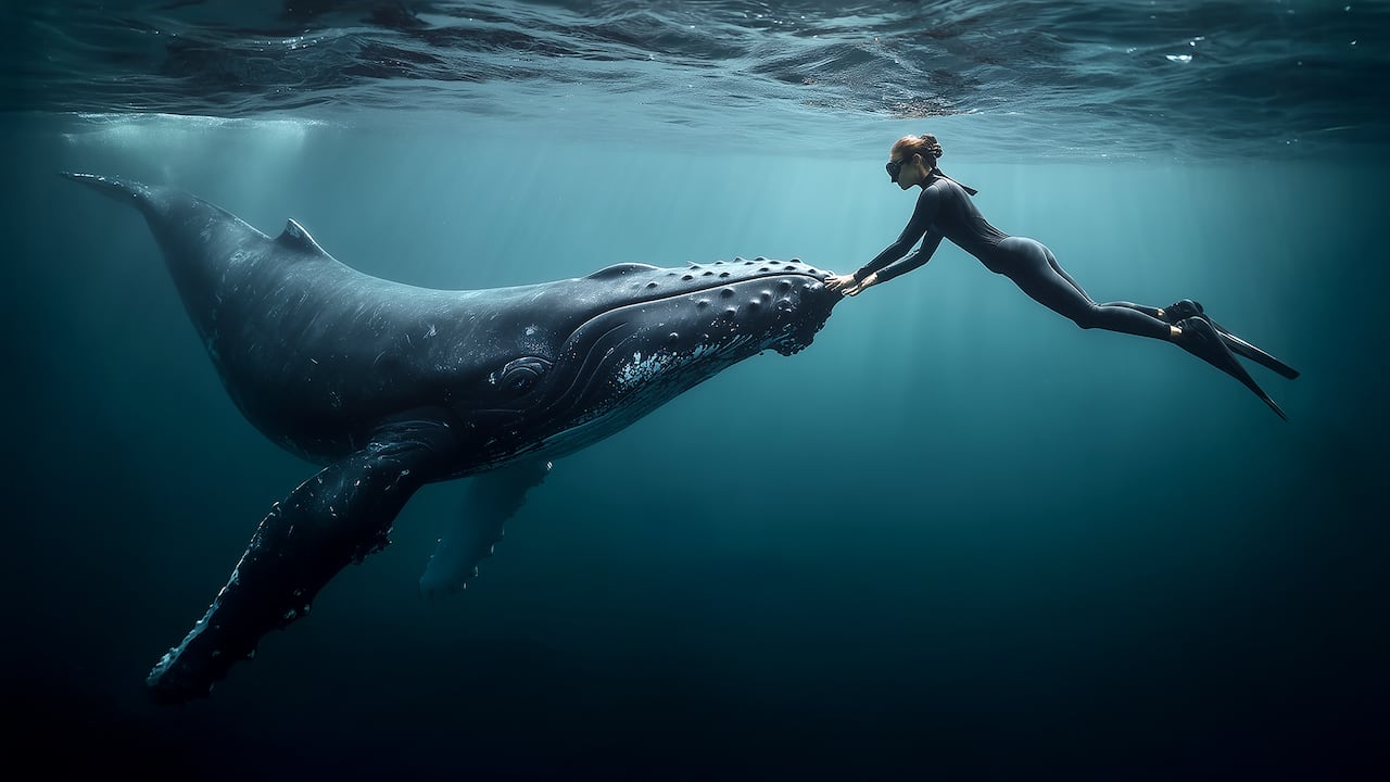 남태평양 통가 해역에서 한 여성 다이버가 수면 아래에서 새끼 혹등고래를 양손으로 조심스럽게 만지고 있다. AI 생성 이미지. / 사진가 오승환
