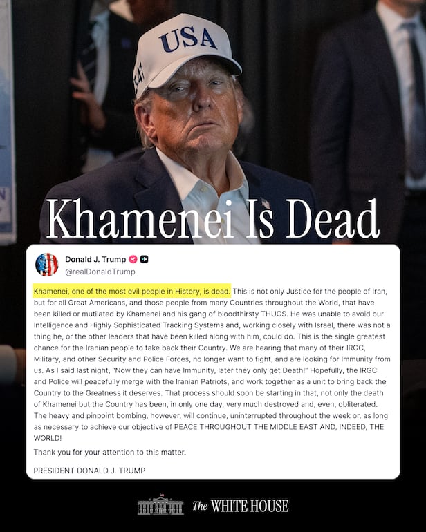 도널드 트럼프 미국 대통령이 28일 자신의 소셜미디어인 '트루스 소셜'에 이란 최고지도자의 사망 사실을 확인하며 올린 게시물. /백악관 X(옛 트위터)