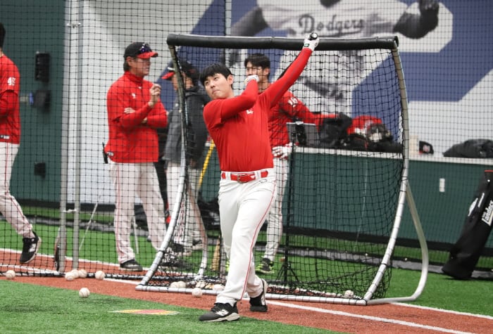 미국 플로리다 스프링캠프에서 타격 훈련하는 김성욱. 사진=SSG 랜더스