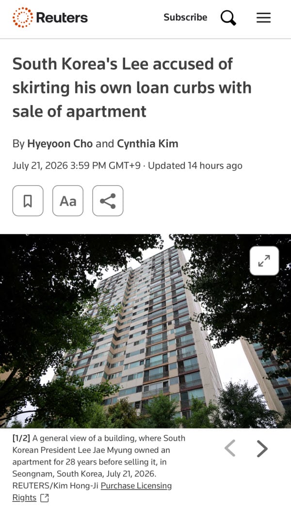 외신도 조명한 '李 17.7억 근저당'…로이터 "대출 규제 우회한 거래"