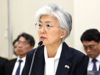 강경화 주미한국대사가 12일(현지 시각) 미국 워싱턴D.C 주미한국대사관에서 열린 국회 외교통일위원회 국정감사에서 질의에 답변하고 있다. /뉴스1