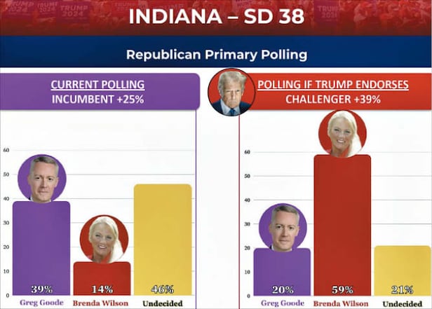 인디애나 주의회 선거에서 도전자의 낮은 지지율(왼쪽 빨간색 막대)이 트럼프 대통령의 지지를 얻으면 그림 오른쪽처럼 현역 의원(보라색 막대)을 크게 뛰어넘는다는 그래픽. 트럼프는 이런 그래픽 여섯 개를 연달아 올렸다.
/트루스소셜