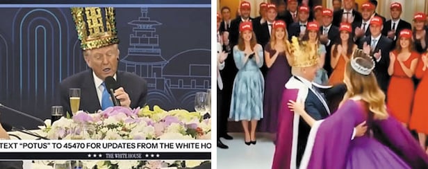 美서 합성 영상 확산 - 미국에서는 트럼프 반대자들이 금관 모형을 소재로 한 합성 영상을 확산시키고 있다. 트럼프 대통령이 금관 모형을 쓴 영상(왼쪽), 트럼프 대통령이 금관을 쓰고 멜라니아 여사와 춤을 추는 영상 등이다. /X(옛 트위터)