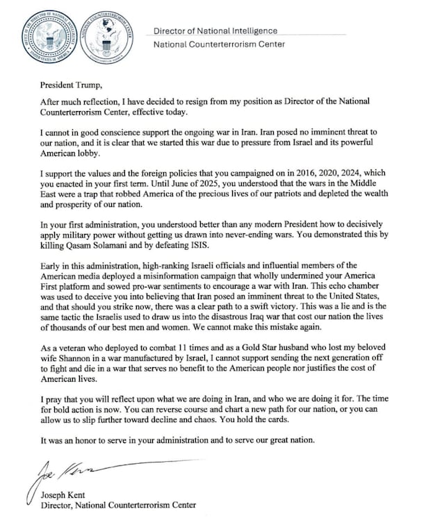 국가정보국 산하 국가대테러센터(NCTC) 국장이 도널드 트럼프 대통령에게 보낸 사직서./X