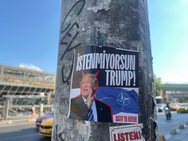 On the 7th, a poster reading 'We don't want Trump' is attached to a utility pole in Istanbul. /X