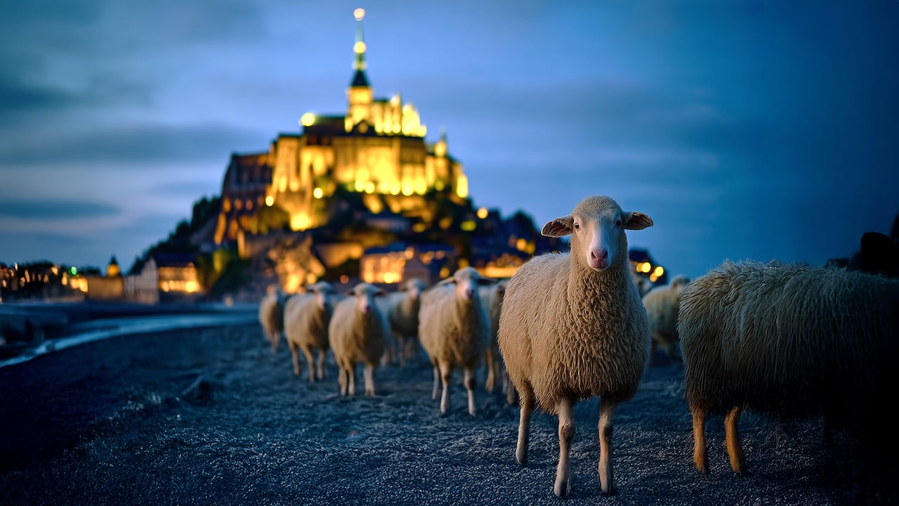 프랑스 몽생미쉘 앞 해변에서 한 무리의 양떼가 이동하고 있다. 사진가는 40년 전에 찍은 몽상미쉘 사진을 AI로  양 떼를 생성해서 이미지를 만들었다. / 사진가 오승환