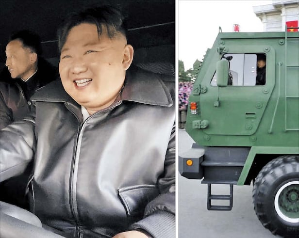 김정은, 방사포 차량 직접 운전
18일 초대형 방사포 증정식에서 김정은 북한 국무위원장이 발사차량을 직접 운전하고 있다.
/조선중앙통신 연합뉴스