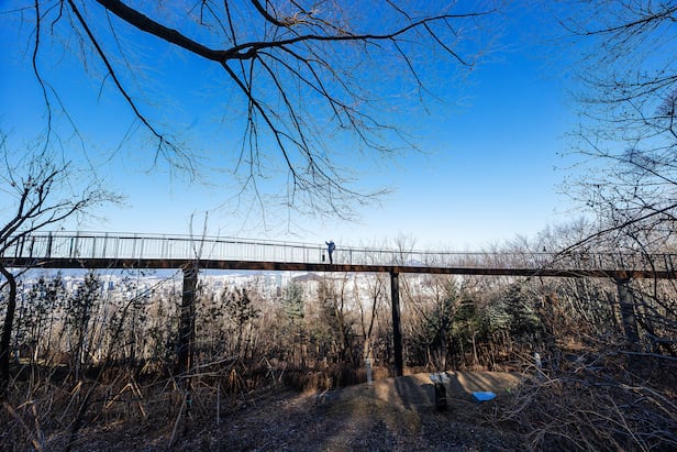 '서울둘레길 2.0' 코스에 새로 추가된 ‘용마산 스카이워크’. 숲 위를 걷는 듯 놓인 탐방로에선 서울 동북부 일대가 파노라마 전망으로 펼쳐진다. 묘역 위로도 탐방로가 지난다. / 양수열 영상미디어 기자