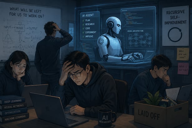 CDATA[The era of **recursive self-improvement**, where AI independently creates more advanced AI, is no longer science fiction. This shift is raising alarms that not just software engineers but also **AI researchers** themselves could face job displacement.
According to the IT industry, global tech giants are already leveraging AI in their own research. **Anthropic revealed that Claude writes 80% of their code**, while OpenAI is aggressively pursuing automation. Jakub Pachocki, OpenAI’s senior scientist, stated last year: *"We aim for an AI with research capabilities equivalent to an AI research intern by September 2026 and a full-fledged AI researcher by March 2028."*
At the recent International Conference on Machine Learning (ICML), studies showed that models like **GPT-5.5, Anthropic’s Fable 5, and Zhipu AI’s GLM-5.2** successfully improved other AI models’ performance. Researchers predict: *"By the end of this year, AI will approach human researcher levels in post-training."*
The impact on jobs is already visible. According to CNBC, **approximately 140,000 people lost their jobs in the U.S. tech industry this year**. Even those from big tech companies are struggling to find reemployment, with a growing preference for stable jobs over higher salaries.
![AI developing AI