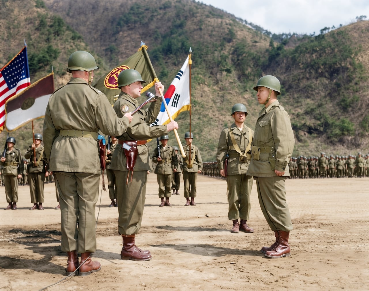 1952년 4월 5일 화천 인근 소토고미에서 벌어진 한국군 2군단 재창설식. 신임 2군단장 백선엽 중장(오른쪽)이 미 9군단장으로부터 군단 기(旗)를 건네받고 있다. /백선엽 장군 기념재단(AI 색 보정)