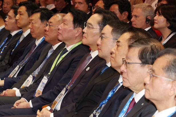 지난해 경주 APEC의 CEO 써밋에 참석한 한국의 주요 재벌 그룹 회장들의 모습. /뉴시스