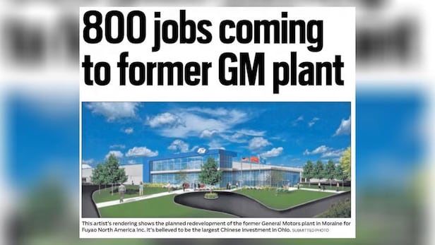 2014년 폐쇄된 제너럴 모터스(GM) 공장에, 중국의 유리 제조 대기업인 푸야오 글래스가 들어서서 800명의 일자리를 창출한다는 뉴스를 전한 당시 현지 일간지 보도/데이턴 데일리 뉴스