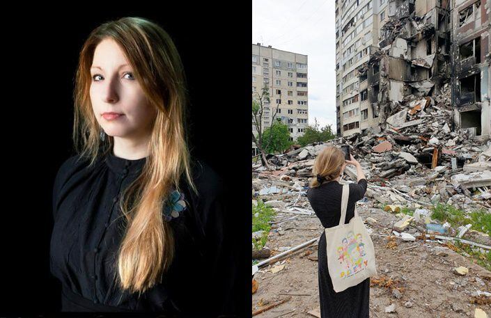 러시아의 우크라이나 침공 이후 전쟁 범죄를 기록해오던 우크라이나 유명 작가 빅토리아 아멜리나가 러시아군 미사일 공격으로 끝내 사망했다. 사진은 아멜리나(왼쪽)와 아멜리나가 러시아 공습 피해 도시의 모습을 촬영하는 장면이 담긴 사진. /PEN 우크라이나, 트위터