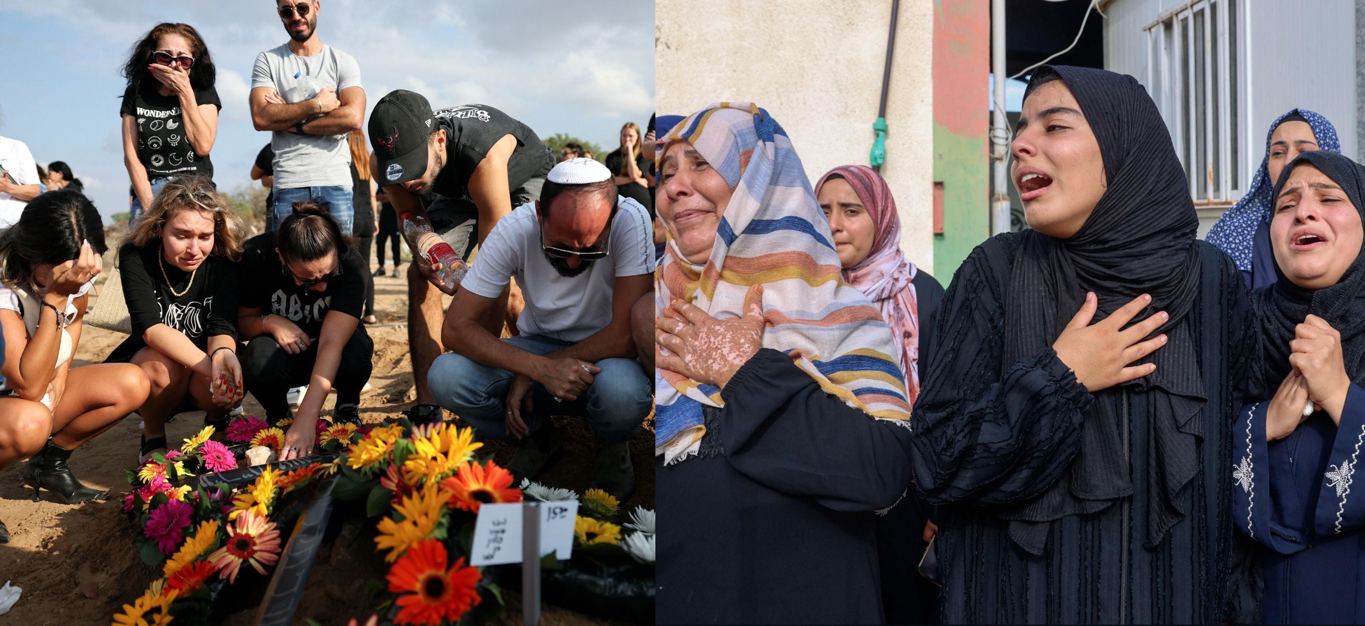 10일 이스라엘 남부 아스글론에서 열린 장례식에서 하마스 무장세력의 공격으로 최소 260명이 사망한 축제에 참석하던 중 사망한 희생자의 무덤에서 사람들이 애도(왼쪽)하는 가운데 가자 지구 남부 칸 유니스에서는 밤새 이스라엘의 포격으로 사망한 팔레스타인 희생자 장례식에서 팔레스타인 사람들이 슬픔에 빠져있다. /로이터 AFP 연합뉴스